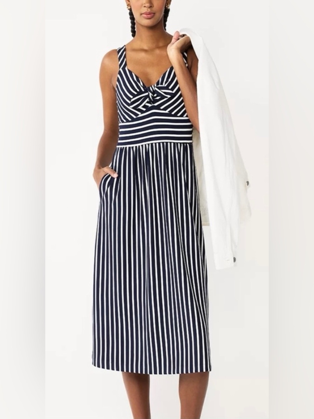 Draper James RSVP Knot-Front Midi Jersey Dress w. Black White Stripes - Sz L